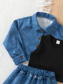 Young Girls Simple Solid Color Top And Skirt Set, Casual Daily Wear - Blue - View 4