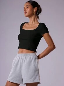 MUSERA Áo croptop tay ngắn cổ tròn màu trơn dành cho nữ mùa hè, áo thun thường ngày cho mùa xuân và lễ Phục sinh. - màu đen - Xem 5