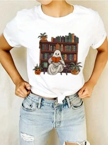 Camiseta de fantasmas leyendo libros, maestra, Halloween, bibliotecaria, libros - Blanco - Ver 6