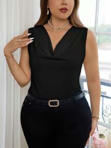 SHEIN Privé 大码优雅垂坠领无袖修身衬衫，适合春夏季度假、聚会和约会