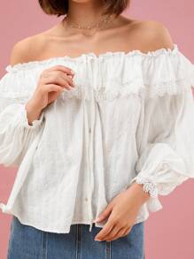 Enchnt Autumn Romantic Vacation French Sweet Lace High-End Exquisite Off-Shoulder Lantern Sleeve Shirt - White - View 7