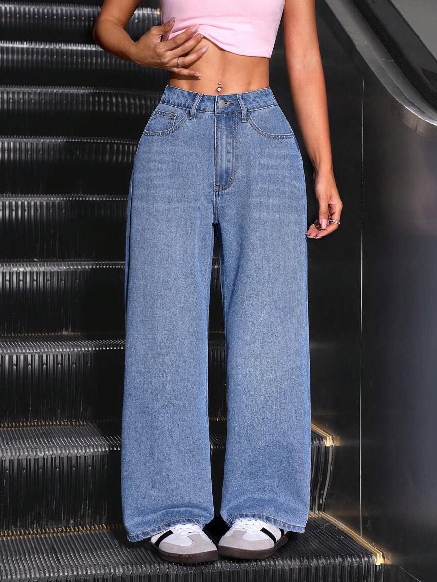 SHEIN PETITE Women Solid Color Simple Daily Jeans - Light Wash - View 1