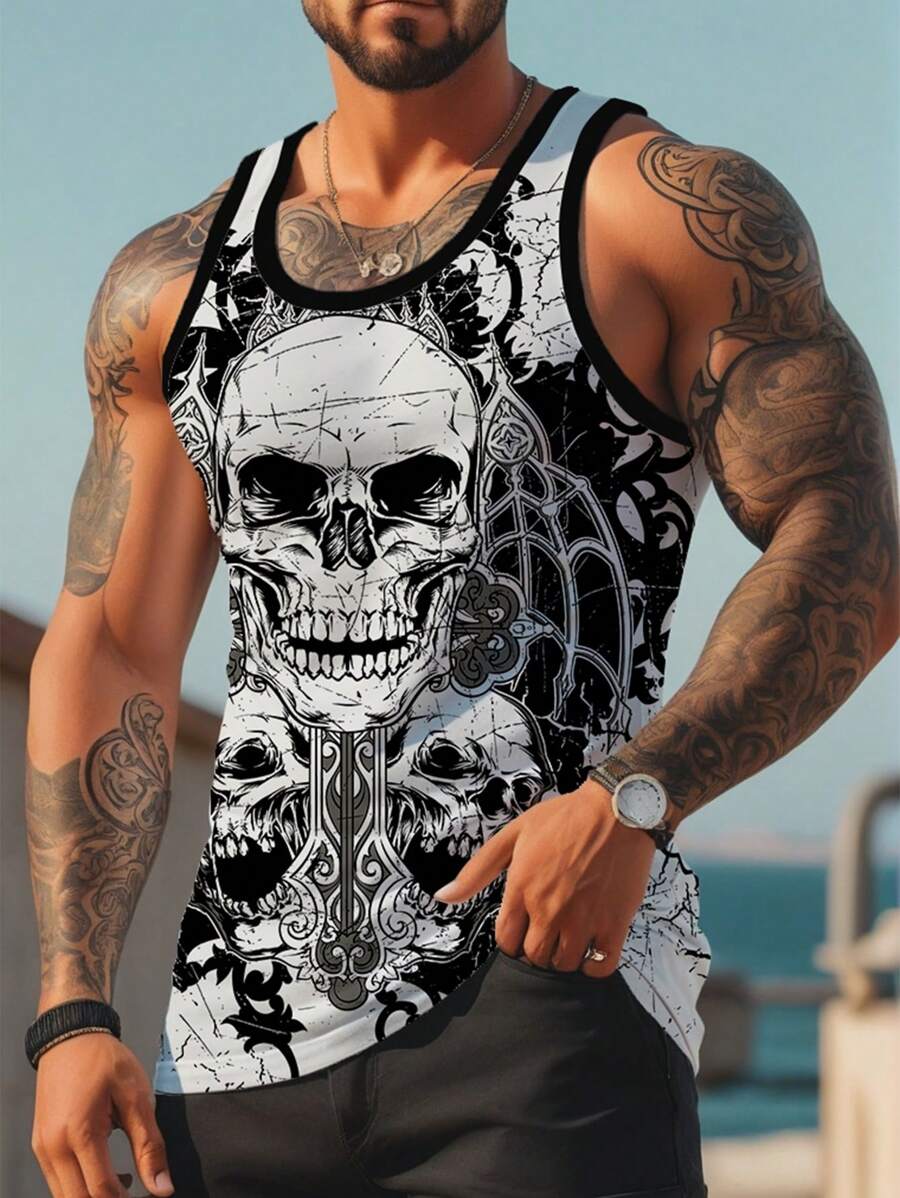 Manfinity Dauomo Men's Casual Skull Printed Round Neck Sleeveless Top, Summer - White - View 1
