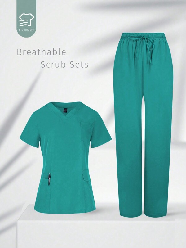 TaskEZ Top și pantaloni cu mâneci scurte și cu buzunare multiple, moale și confortabile, cu decolteu în V, set de uniforme de scrub pentru femei