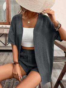 Breezaya 2 chiếc quần vải lanh và áo khoác vải lanh dáng rộng mùa hè dành cho nữ, màu mơ - Màu xám đen - Xem 5