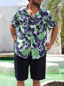 Genlund 大码男士热带植物印花短袖衬衫和短裤休闲度假套装 - 彩色 - 查看 7