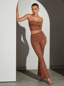 Hauture Blusa transparente de encaje con detalle de dobladillo hacia abajo para mujer