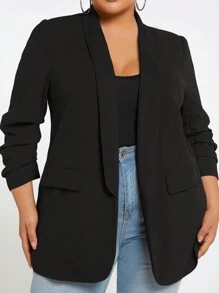 SHEIN CURVE+ 秋冬加大码 7/10 袖披肩领前开襟西装外套 - 黑色 - 查看 6
