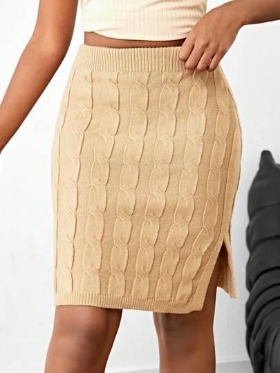 Teen Girl Thickened Solid Color Twisted Knit Skirt With Side Slit For Hips Wrap, Spring/Summer