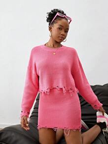 Conjunto de suéter de punto y falda para niñas adolescentes en otoño e invierno, con diseño rasgado y tejido jacquard con estampado floral, estilo dulce, versátil para Halloween y regreso a clases, apariencia casual y de para combinar con accesorios de estilo barroco o de corte, adecuado para uso en casa, viajes, fiestas y compras. - Rosa Fucsia - Ver 6