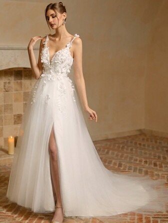 A-Line Sexy Deep V-Neck Front Split Open Back Tulle Wedding Dress White Elegant Bridal Dress