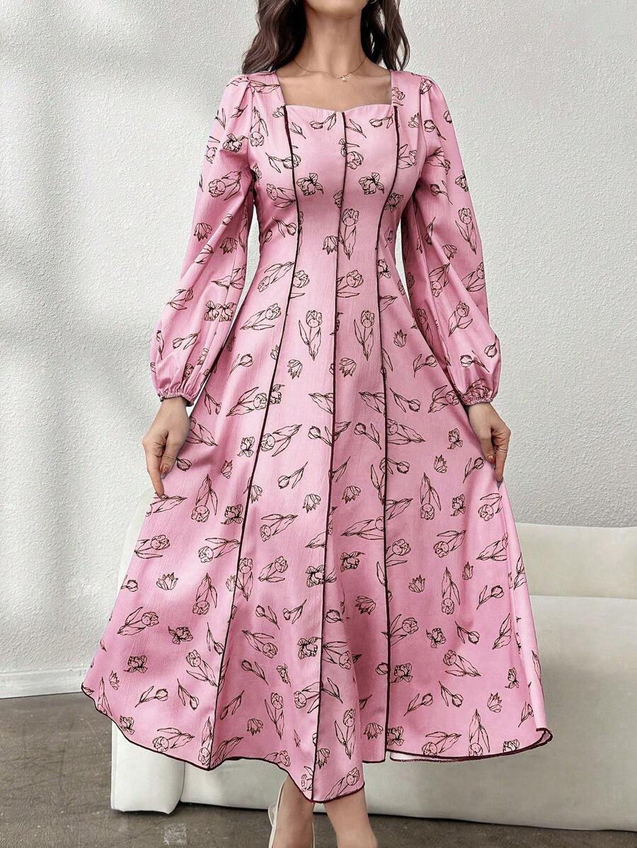 Modelyn 女士方领主教袖喇叭下摆长袖优雅连衣裙长款晚礼服 - 粉色 - 查看 1