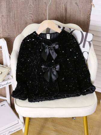 SHEIN Young Girl's Elegant &  Chic Jacket With Beaded Bowknot And Glittery Ribbon Tie, Perfect For Parties, Special Events And Everyday Wear In Autumn
