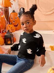 Young Girl Halloween Graphic Crew Neck Fitted Casual Sweater,In Fall/Winter - Black and White - View 3