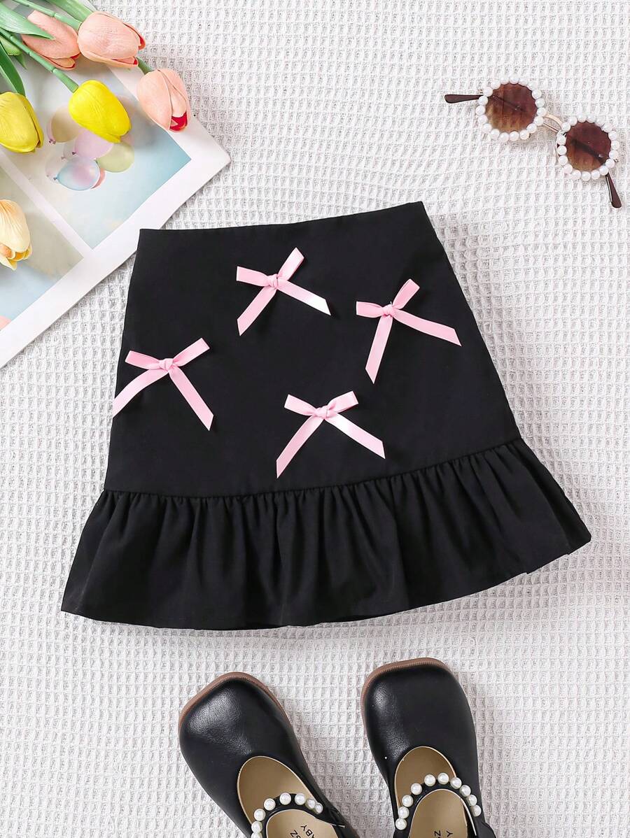 SHEIN Young Girl's Woven Solid Color Bow-Knot Design Casual Skirt - Black - View 1