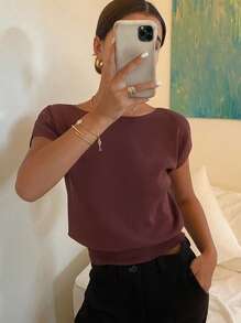 Livesso 女士夏季纯色修身露肩短袖针织上衣，教师装