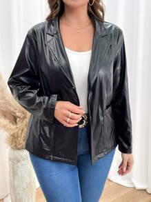 SHEIN Clasi Women's Plus Size Solid Color Stand Collar Fashionable Casual Long Sleeve Jacket For Spring/Fall - Black - View 5