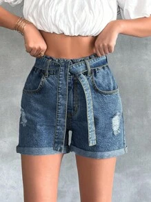 RueChic Paperbag Waist Fold Up Detail Light Wash - Medium Wash - View 3