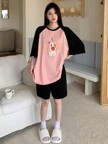 DAZY Women's Cute Rabbit Printed Contrast Color Raglan Sleeve Sleeve T-Shirt And Shorts Design Homewear Set - Pink - View 7