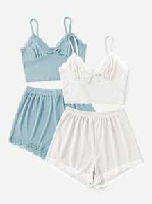 女士睡衣套装 - 细肩带蕾丝边蝴蝶结吊带背心和宽松舒适短裤 - 彩色 - 查看 5