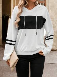 Calvaya Sudadera holgada con capucha de rayas negras y blancas, sudadera holgada casual de manga larga con cordón para mujer, primavera/otoño, hombros caídos, suéter regular en color negro y blanco - Blanco y Negro - Ver 3