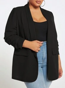 SHEIN CURVE+ 秋冬加大码 7/10 袖披肩领前开襟西装外套 - 黑色 - 查看 4