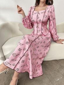 Modelyn 女士方领主教袖喇叭下摆长袖优雅连衣裙长款晚礼服 - 粉色 - 查看 4