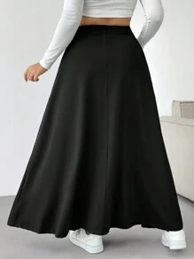 SHEIN EZwear 大码女式纯色高腰日常休闲中长裙 - 黑色 - 查看 2