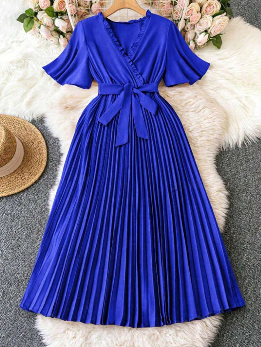 SHEIN Unity 纯色 V 领裹腰系带褶皱连衣裙长款女装 - 寶藍色 - 查看 1