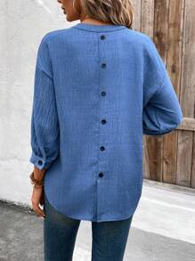 SHEIN Clasi Women's Casual Denim Effect Cutout Back Button Decor Blue Shirt For Holiday