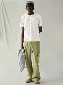 Manfinity VCAY Men's Casual Loose Fit Straight Leg Solid Color Woven Pants - Army Green - View 3