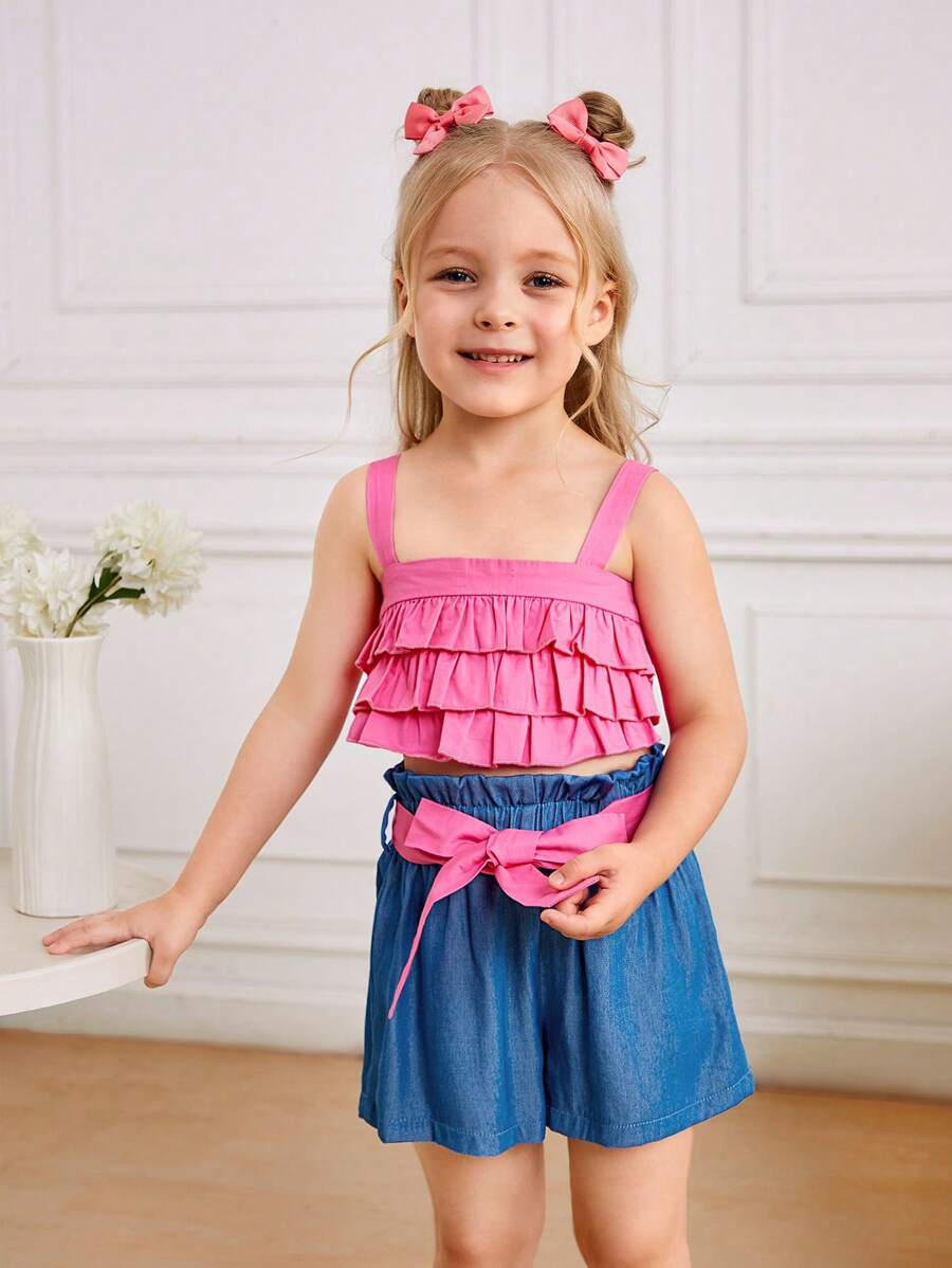 SHEIN Young Girl Woven Solid Ruffle Cami Top With Ruffle Hem And Woven Solid Color Shorts Set, Summer Clothes - Hot Pink - View 1