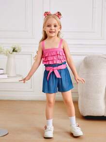 SHEIN Young Girl Woven Solid Ruffle Cami Top With Ruffle Hem And Woven Solid Color Shorts Set, Summer Clothes - Hot Pink - View 4