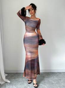 Elenzga Vestido con mangas acampanadas y bloques de color de malla teñida anudada, primavera/otoño