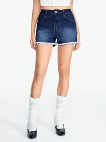 ROMWE Kawaii Women's Color Block Lace Insert Denim Shorts With Pockets, Summer - Blue - View 5