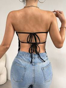 Zolique Áo yếm hở lưng đơn giản màu trơn dành cho nữ - màu đen - Xem 7