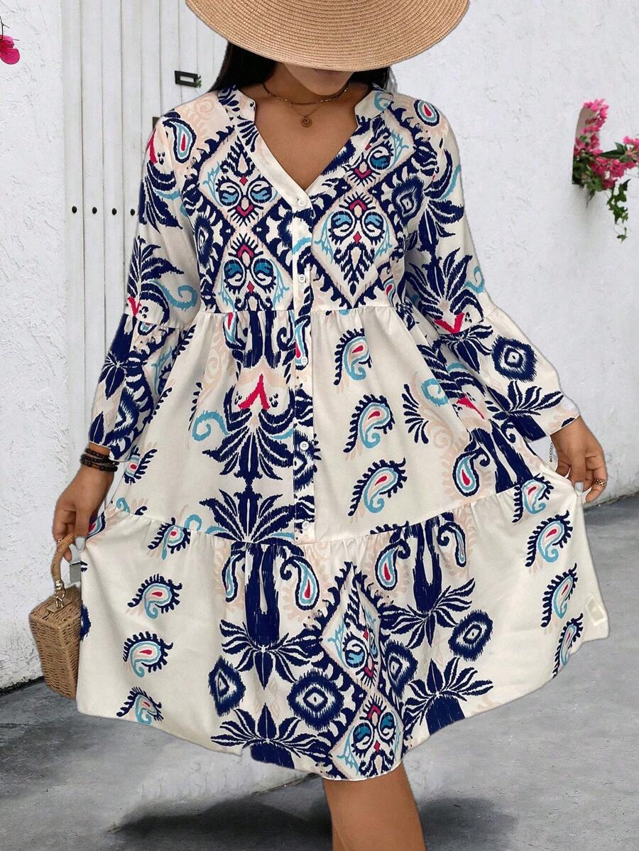 SHEIN Clasi Plus Floral Print Ruffle Hem Smock Dress For Summer - Apricot - View 1