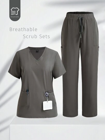 TaskEZ Plus Size Solid Color Short Sleeve Top And Long Pants Scrub Uniform Set, Nurse Clothes