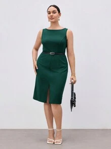 BizChic Plus Size Women's Solid Color Simple Blue Everyday Waist Cinched Elegant Casual Work Dress - Green - View 2