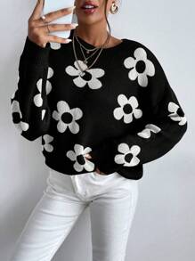 SHEIN Essnce 花卉印花圆领休闲长袖毛衣套头衫 - 彩色 - 查看 6