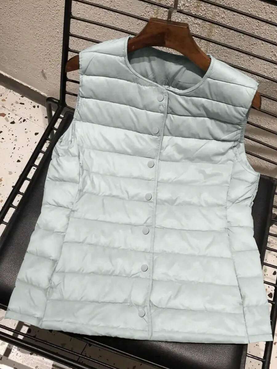 SHEIN Unity Women's Solid Color Simple Style Casual Sleeveless Padded Padded Coat Clothes Winter - Mint Green - View 1