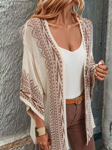 SHEIN LUNE Cardigan da donna in stile bohémien, con maniche a sbuffo, fantasia geometrica e contrasto di colori, top a maniche lunghe