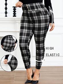 SHEIN Clasi 大码女式高腰修身格子印花夏季长裤 - 黑與白 - 查看 3