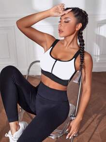 Easithlete Contrast Color Splice Front Zipper Sports Bra - Multicolor - View 5