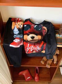 SHEIN Leap Crew 2 件套年轻男孩可爱卡通熊动物图案印花圆领运动衫和裤子套装，适合户外、学校、花园、海滩、生日、婴儿送礼会、秋冬季，羊毛，加厚 - 黑色 - 查看 5