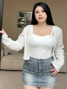 Dazy Petite Plus Women's White Solid Color Long Sleeve Cover Up, Spring/Summer