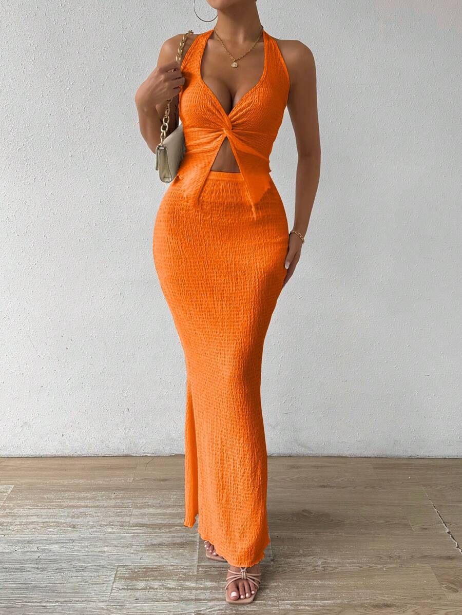 Rafferiza 女士度假纯色扭纹前开衩下摆露背上衣和鱼尾紧身裙套装 - 橘色 - 查看 1