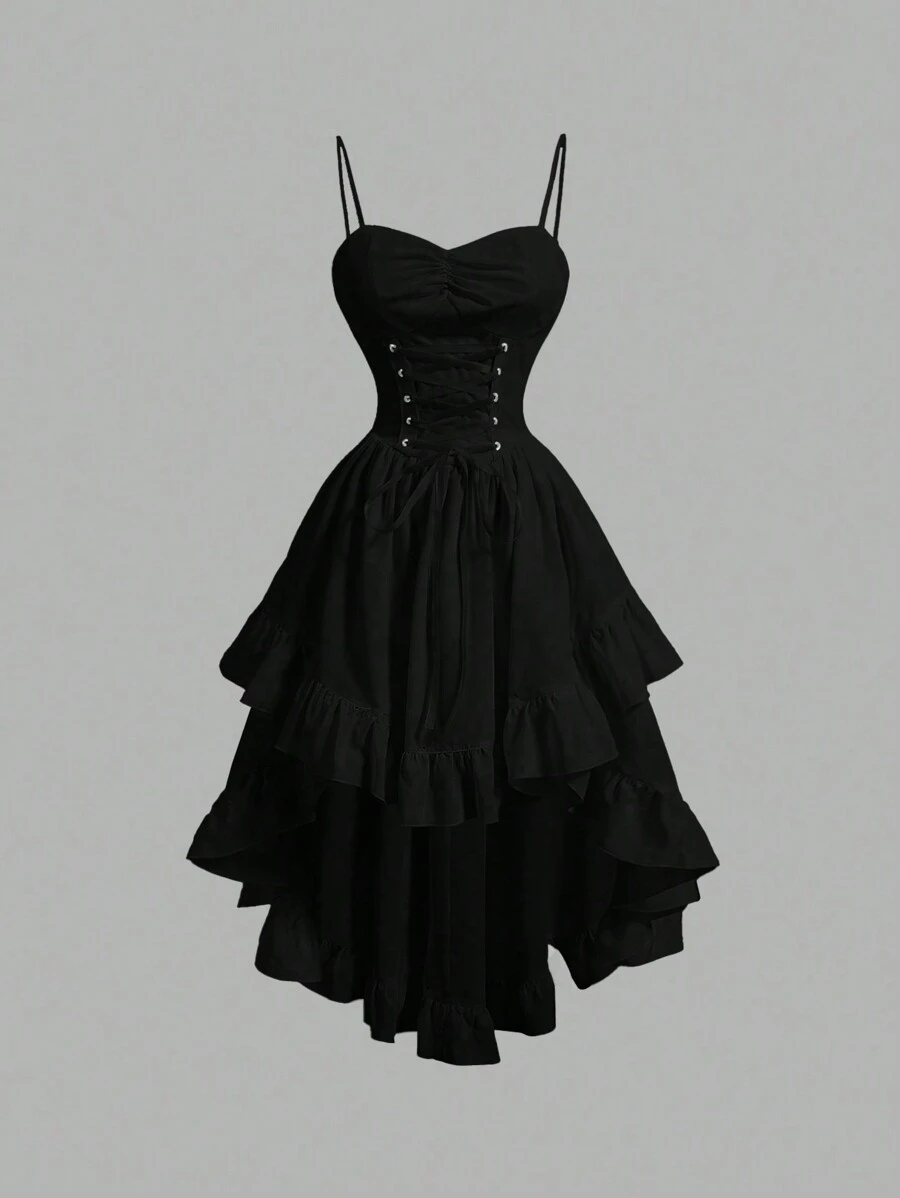 SHEIN MOD 女士纯色甜心领口交叉系带荷叶边不对称复古下摆连衣裙，毕业白色连衣裙