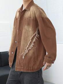 Manfinity Roghcode Plus Size Men's Casual Spring Autumn Washed Ombre Frayed Denim Jacket - Brown - View 5