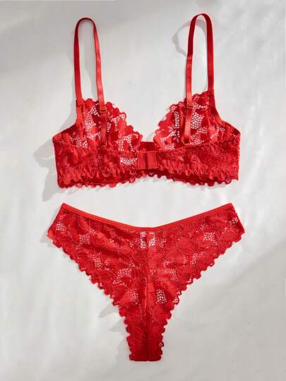 Romantic Doorschijnende Kanten Rood Verleidelijke BH Slipje Lingerie Set view 2